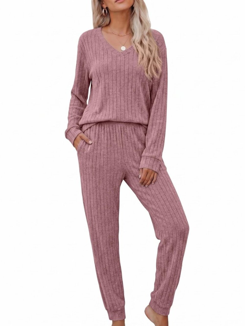 Women's 2 Piece Long Sleeve Lounge Set Ribbed Knit Pajamas Set